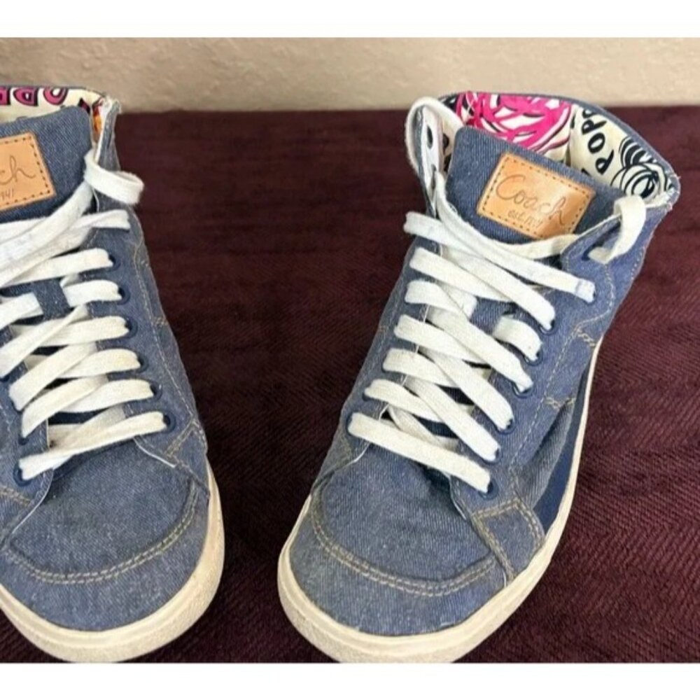 Coach Poppy Shoes Womens Blue Denim High Top Sneakers Casual Lace Up Size 6.5B - Picture 6 of 14
